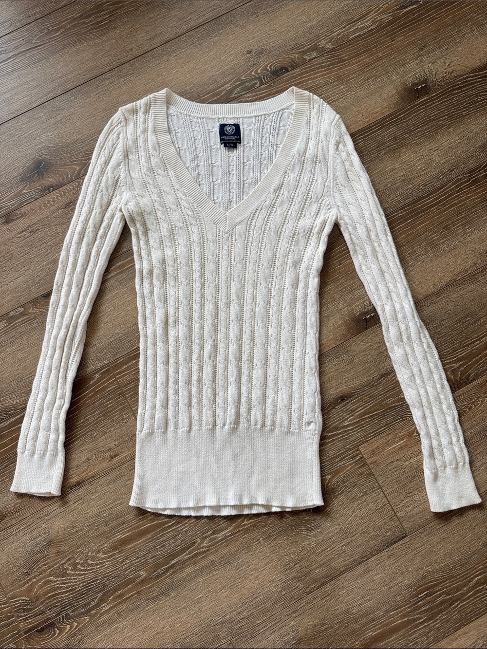 American Eagle Outfitters Ivory Cable V-Neck Sweater Large 100% Cotton